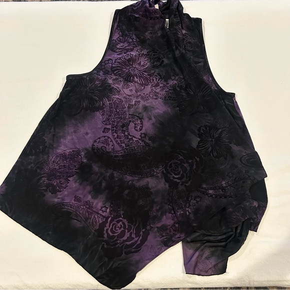 Vintage Whimsigoth Black Purple Vest Flocked Sheer Velvet Tie Dyed Roses L XL - Picture 6 of 14